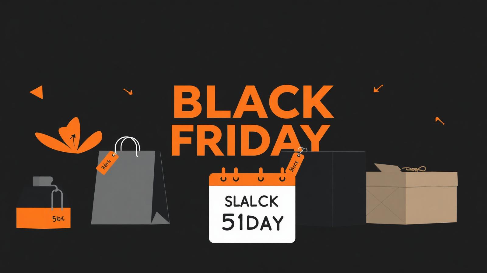 Sacolas e caixas em fundo preto com o texto Black Friday em laranja e calendário destacado