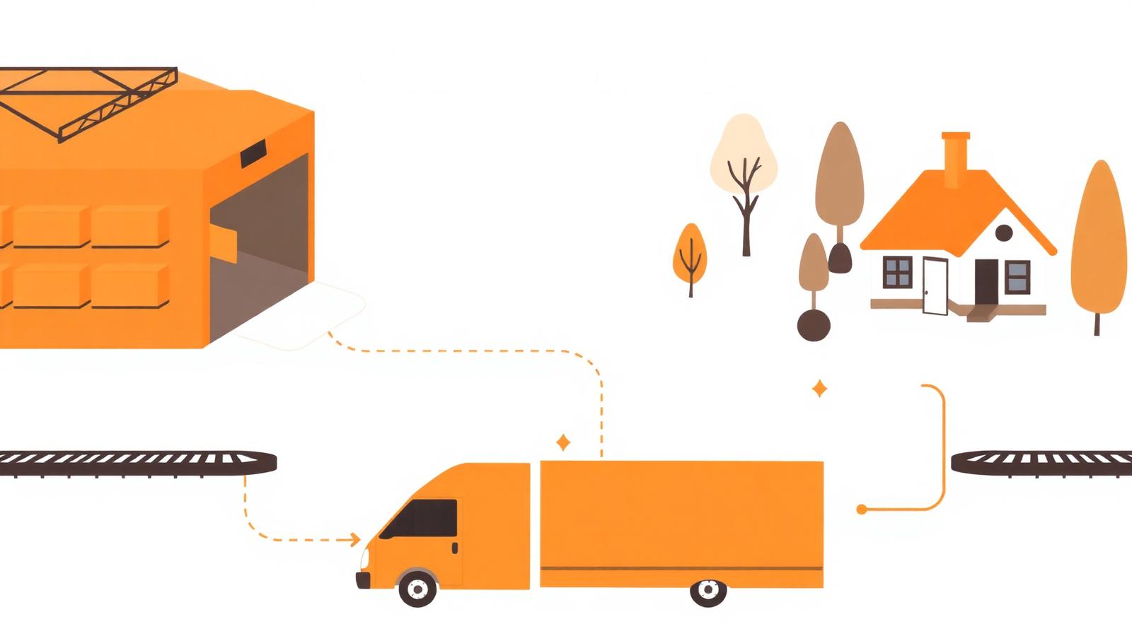Ilustração de galpão logístico laranja com caminhão saindo em direção a uma casa suburbana