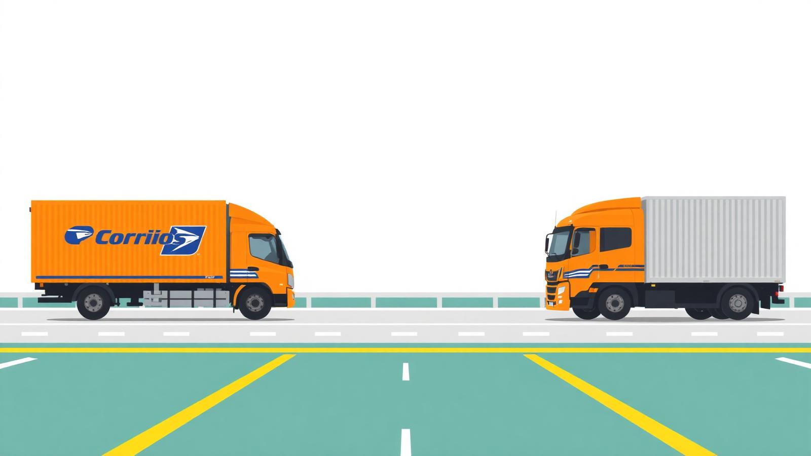 Caminhão dos Correios e caminhão de transportadora privada lado a lado em uma rodovia