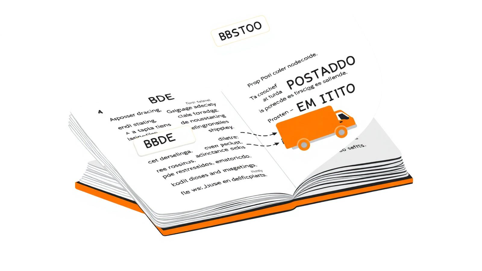 Ilustração de dicionário aberto com termos e siglas de rastreio saindo das páginas ao lado de caminhão laranja