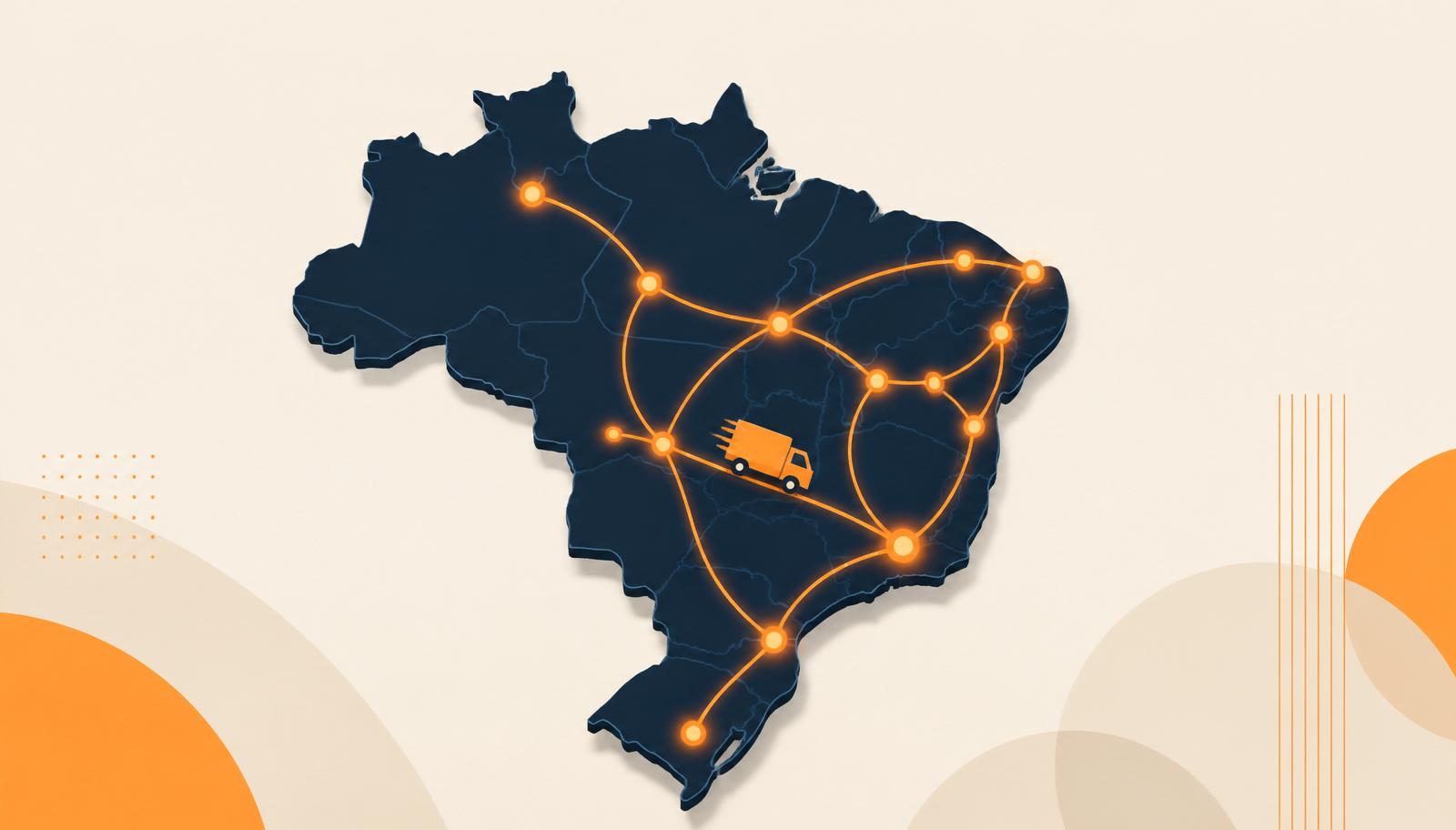 Mapa do Brasil com rotas logísticas laranja conectando as principais cidades e um caminhão de entrega