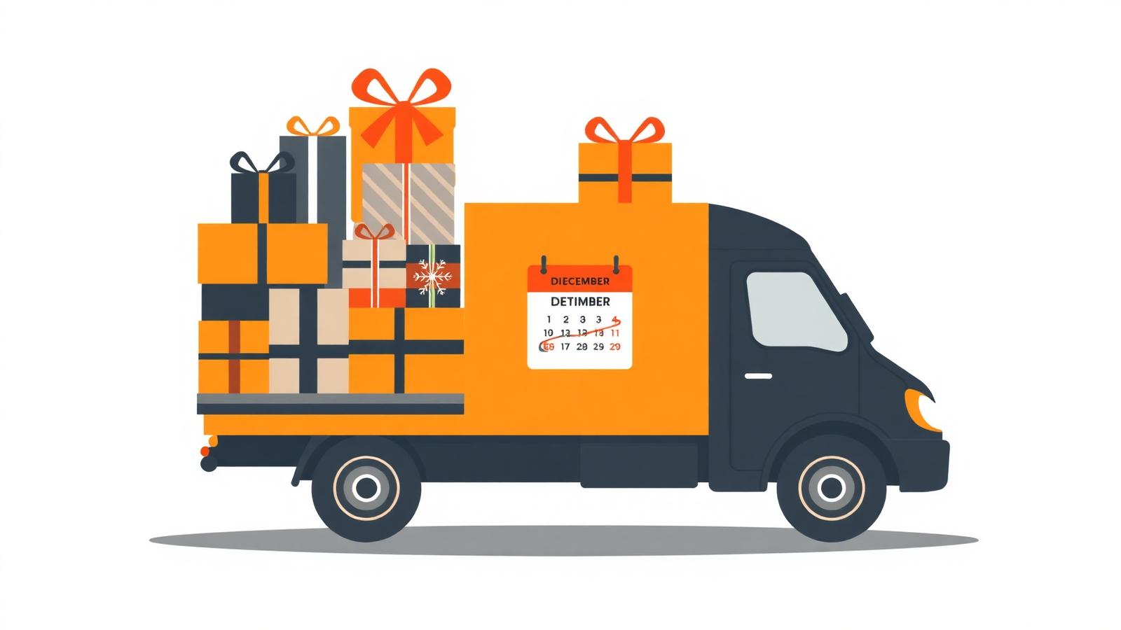 Caminhão laranja carregado de presentes de natal com calendário destacando dezembro