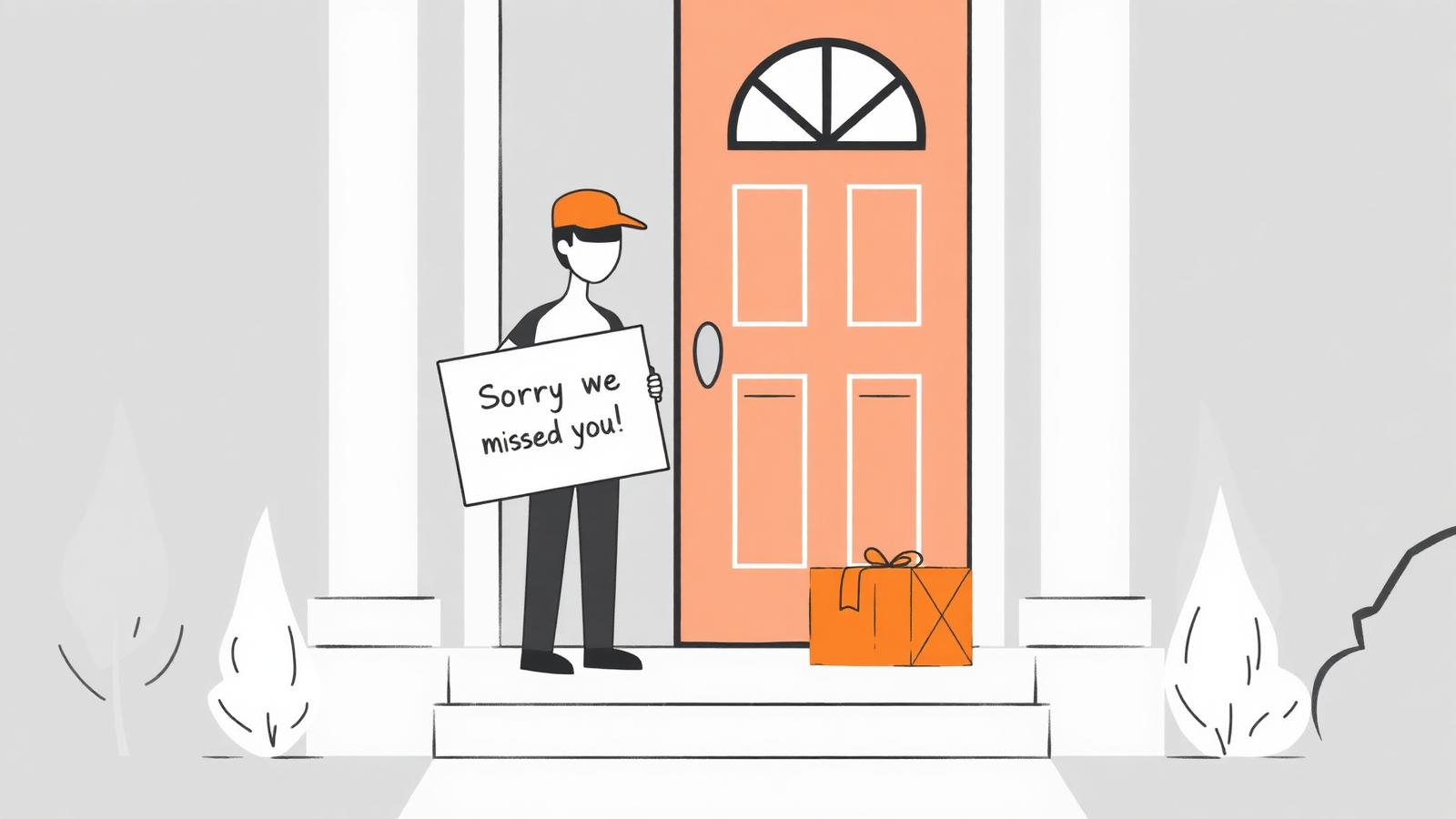 Ilustração de entregador com aviso 'Sorry we missed you' na porta de uma casa com pacote laranja no degrau