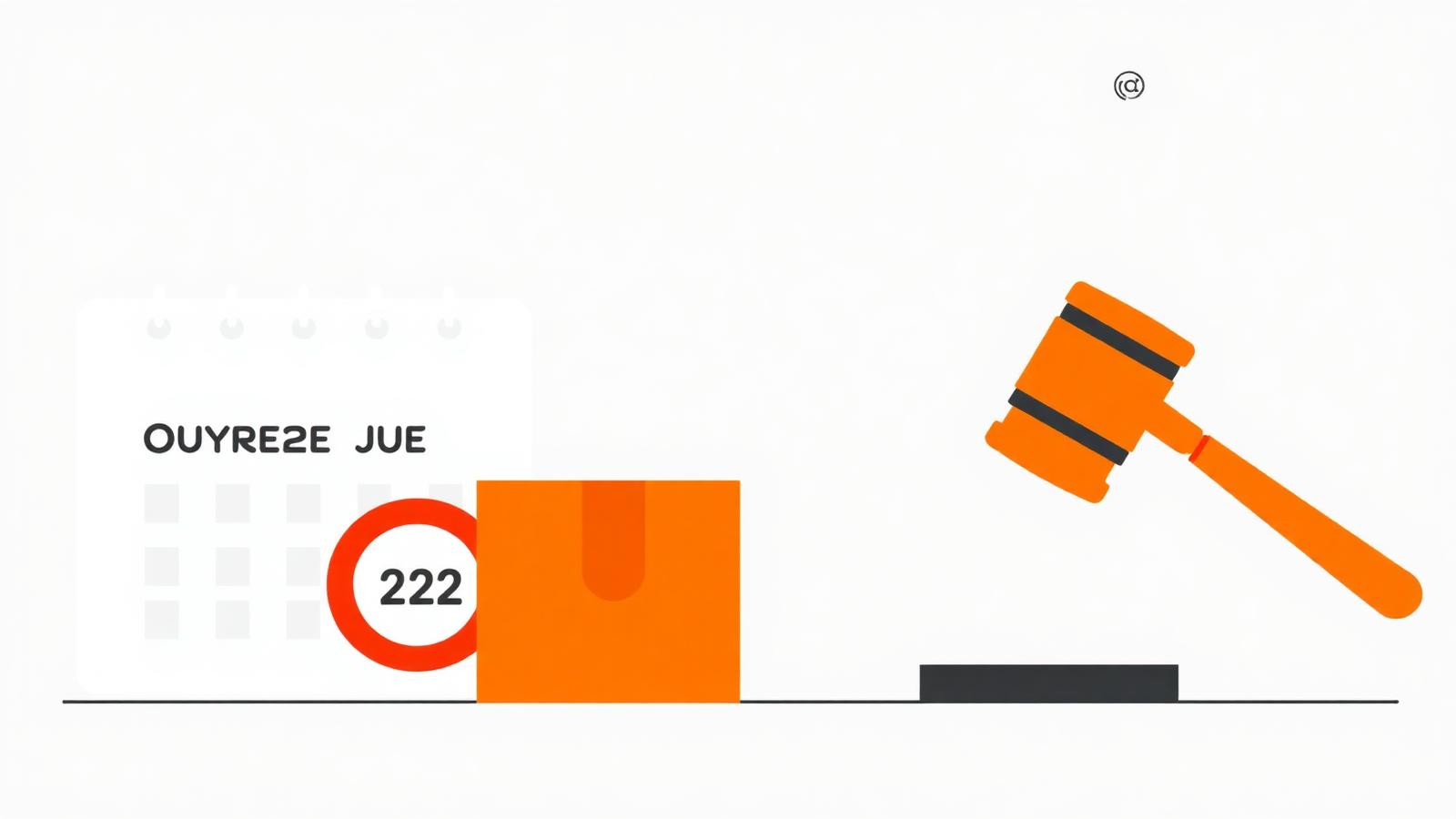 Calendário com data vencida circulada e martelo de juiz laranja simbolizando indenização por atraso