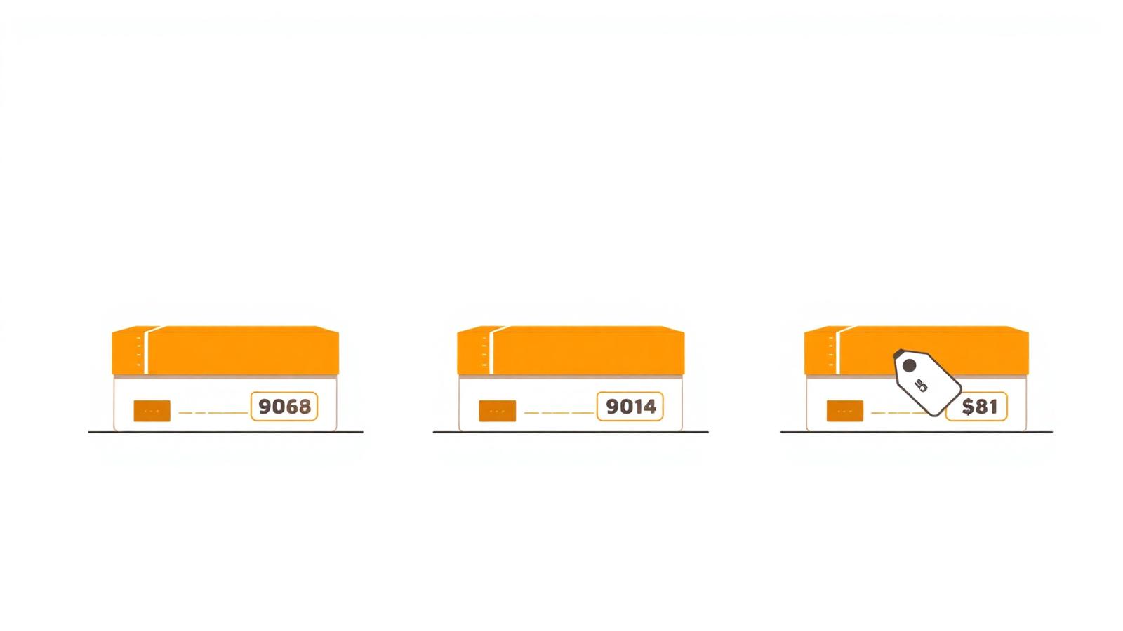 Três caixas laranjas de tamanhos diferentes com etiquetas indicando velocidades de entrega